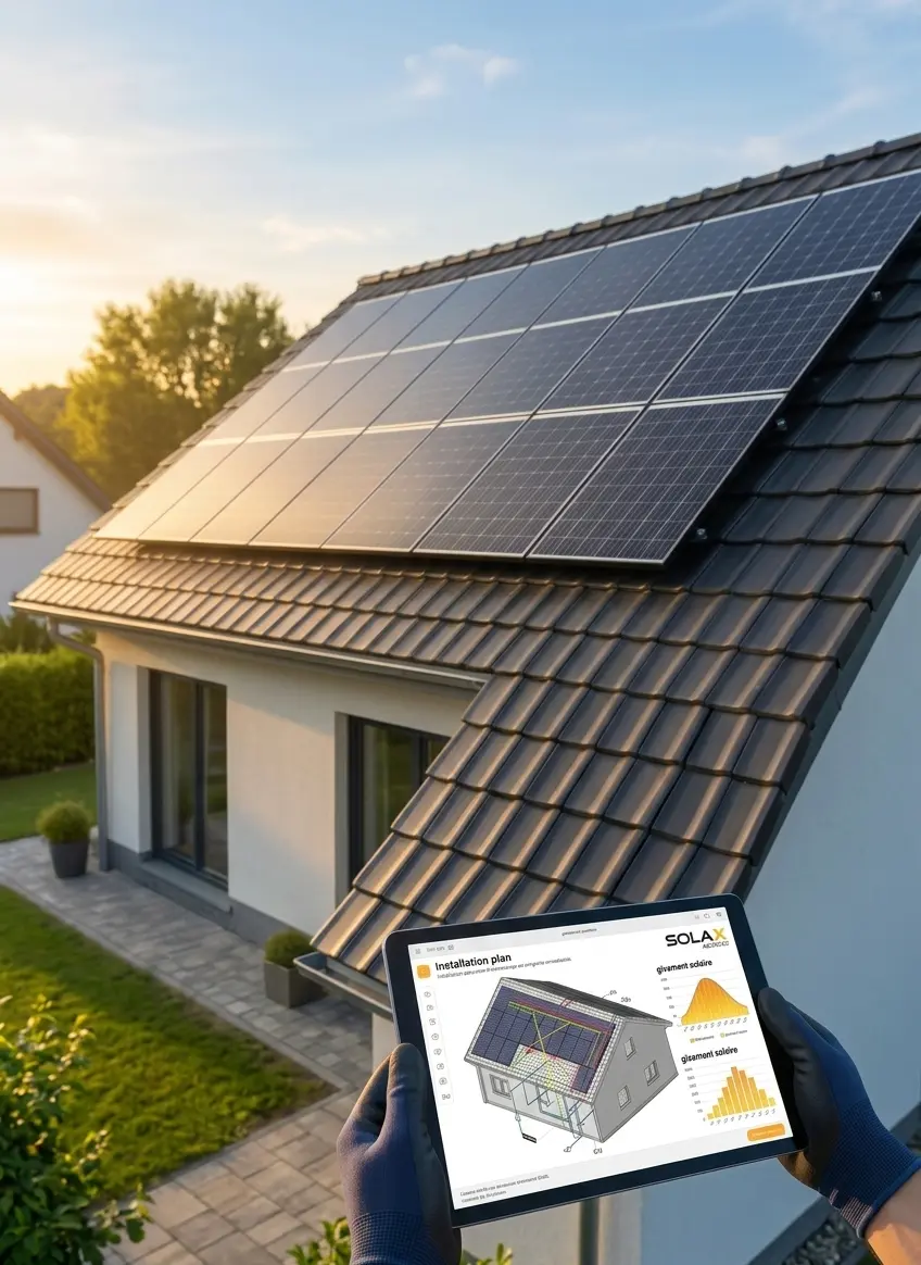 Analyse technique de toiture pour installation de panneaux solaires avec tablette numérique.